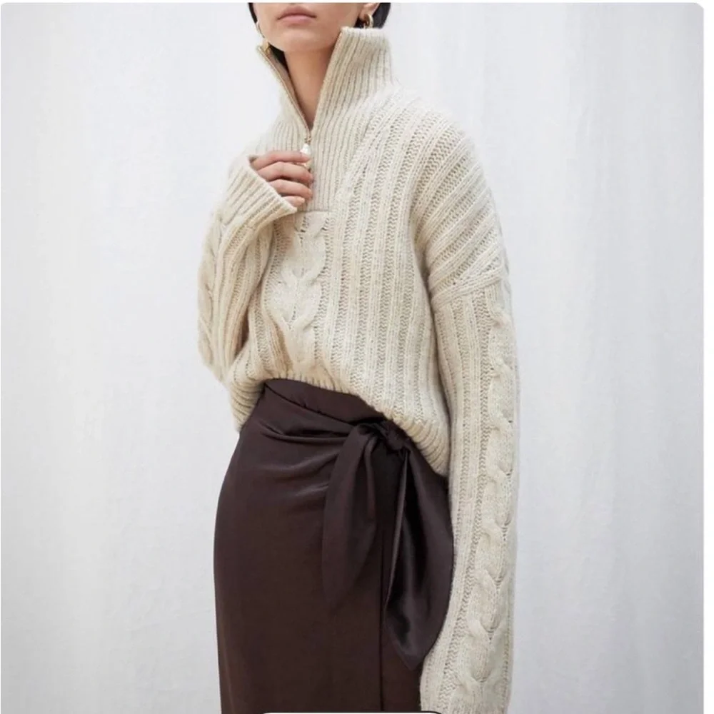 Nanushka Sweater Eria Cropped Cable Knit Quarter Zip in Crème Beige